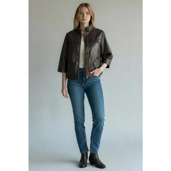 Jackets & Blazers - Chico's Brown Waxed Shiny 3/4 Sleeve Bomber Jacket, Size 2 (US 12)